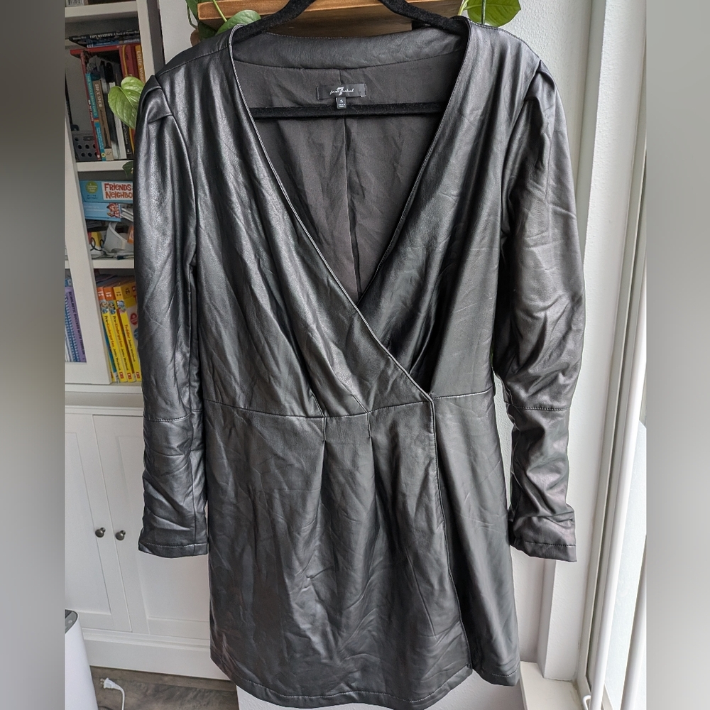 7 For All Mankind Vegan Leather Puff Sleeve Wrap Mini Dress - Black - Small